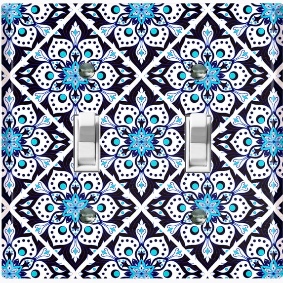 Metal Light Switch Plate Cover White Blue Mandala Flower Tile Pattern MDL031