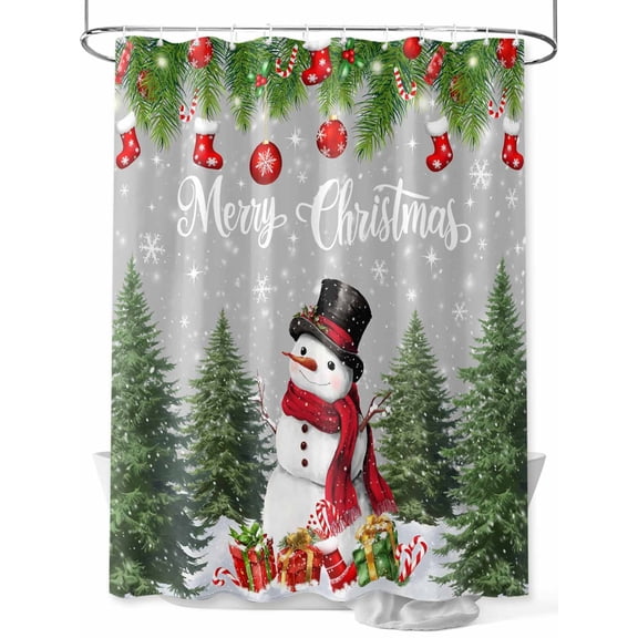 Fsddascl Grey Snowman Christmas Shower Curtain Set - Small 36" x 72" Washable Bathtub Curtain with 12 Hooks, Xmas Stockings Tree Snowflake Waterproof Fabric Stall Shower Curtains for Bathroom/Bathtub