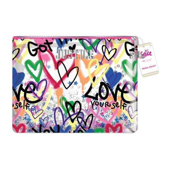 Justice Graffiti Love Pencil Pouch, with Multi-Color Glitter Confetti Accents