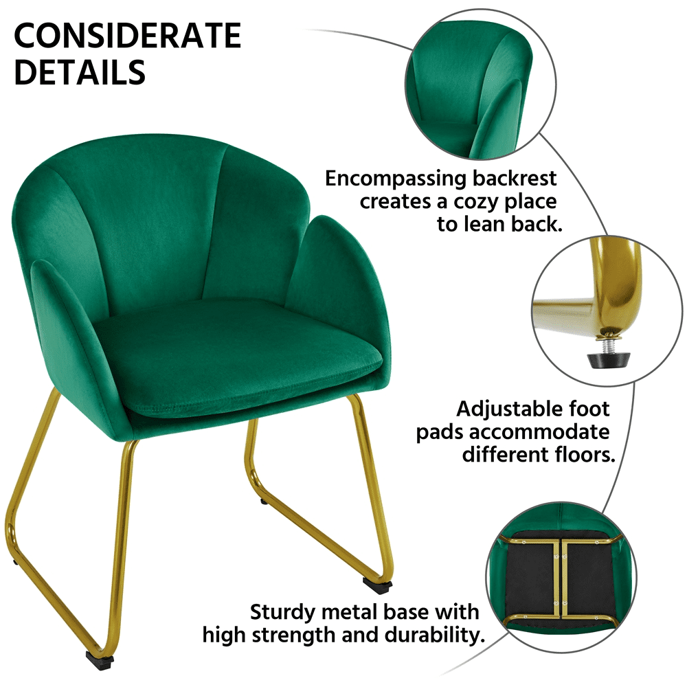 Alden Design 2PCS Velvet Dining Chair with Golden Metal Legs for Living Room/Bedroom/Kitchen, Green