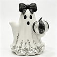 thumbnail image 2 of Halloween Cute Ghost, White Resin Ghost Figurine with Black Sequin Bow & Sparkly Pumpkin, Spooky But Cute Desktop Ornament for Halloween Party Decor, Shelf & Mantel Display, 2 of 5