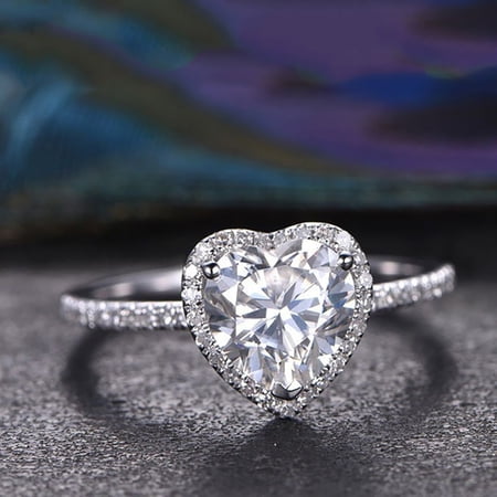 Heart Shaped Engagement Ring for Women, Halo Bridal Ring, 18K White Gold Plated Promise Ring Sizes:6