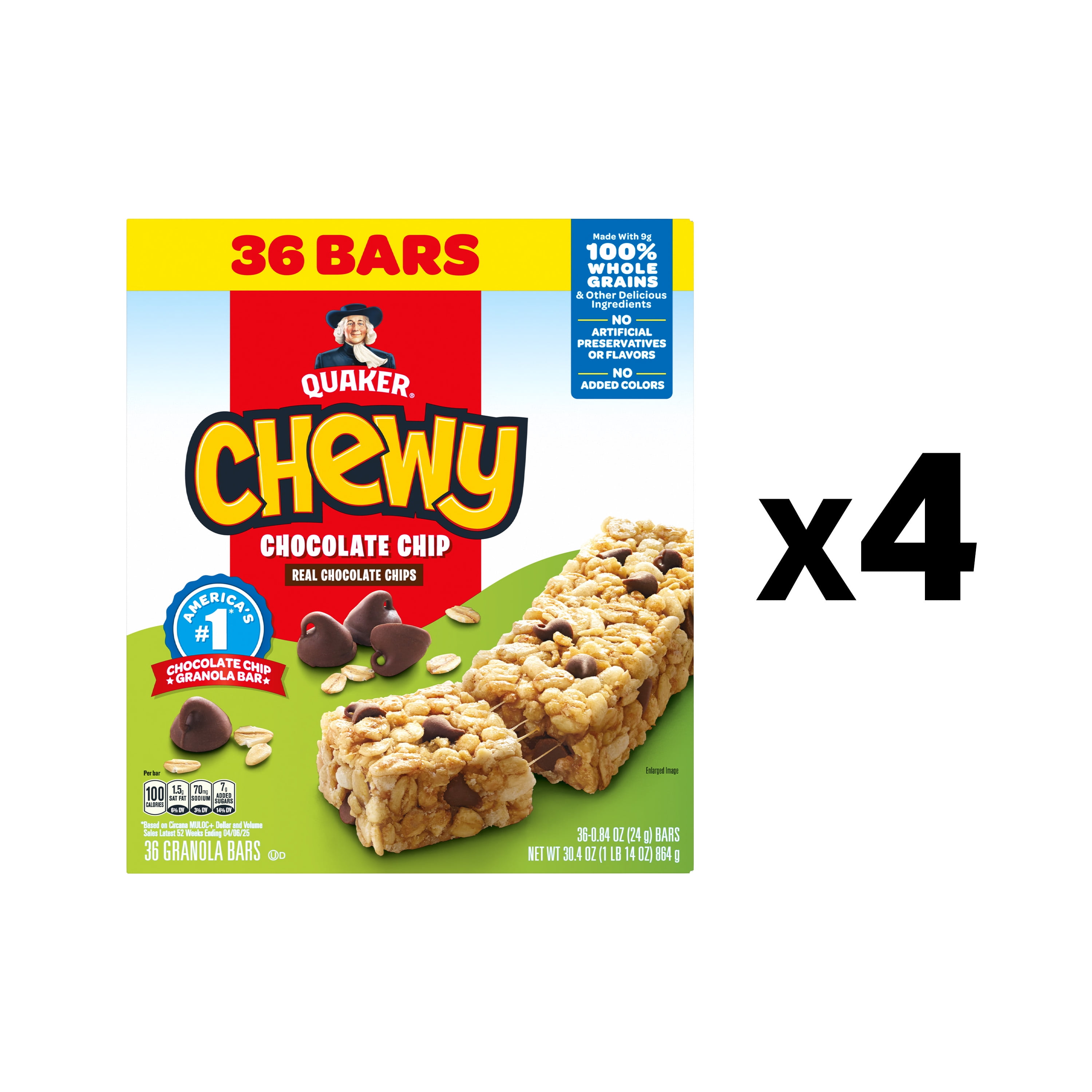 (4 pack) Quaker Chewy Granola Bars, Chocolate Chip Flavor, 0.84 oz, 36 Count