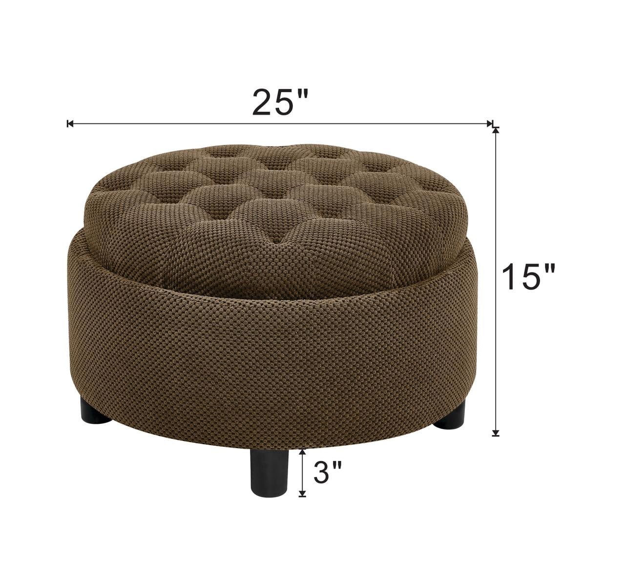 25 Inch Round Storage Ottoman with Removable Wooden Tray, Tufted Fabric Coffee Table with Hidden Storage, Upholstered Footstool for Living Room, Bedroom, Coffee