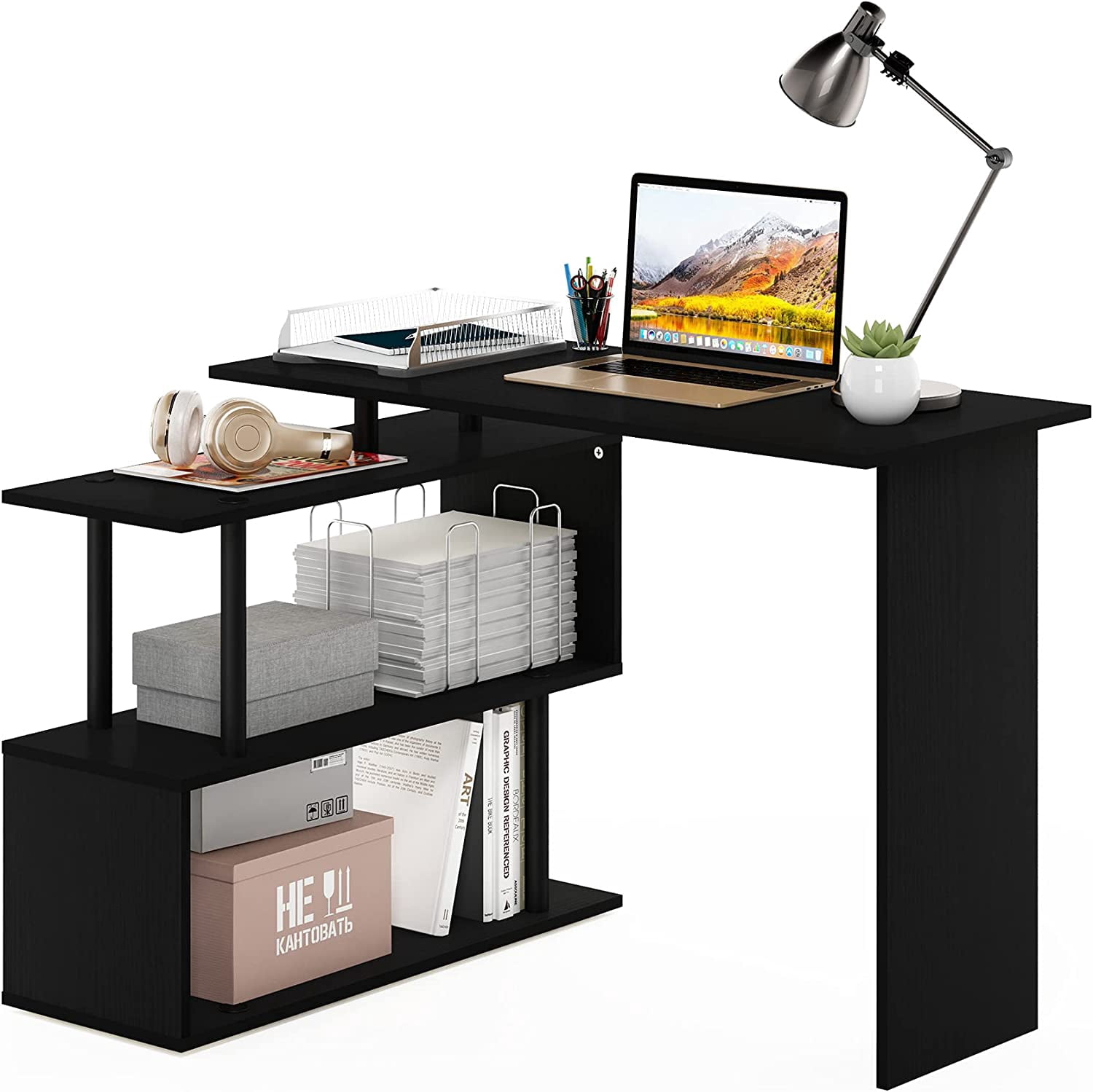 Furinno Moore L-Shape Computer Desk with 3-Tier Shelves, Americano/Black