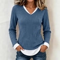 thumbnail image 3 of Staron Women's Ribbed Knit Sweaters V Neck Long Sleeve Slim Fit Casual Pullover Tops Fall Winter Layered Curved Hem Stretchy Knit Shirt Navy XL, 3 of 6