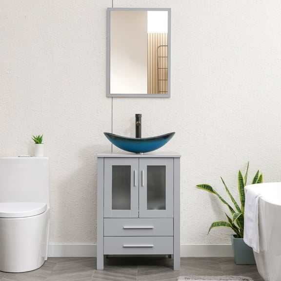 Eclife 24" Freestanding Single Bathroom Vanity with Vessel Sink, Manufactured Wood Vanity Top