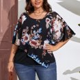 thumbnail image 3 of Estampado Casual Chal Top Cuello Redondo Asimétrico Transpirable Gasa Chal Blusa para Fiesta Compras Viajes Negro 2XL, 3 of 8