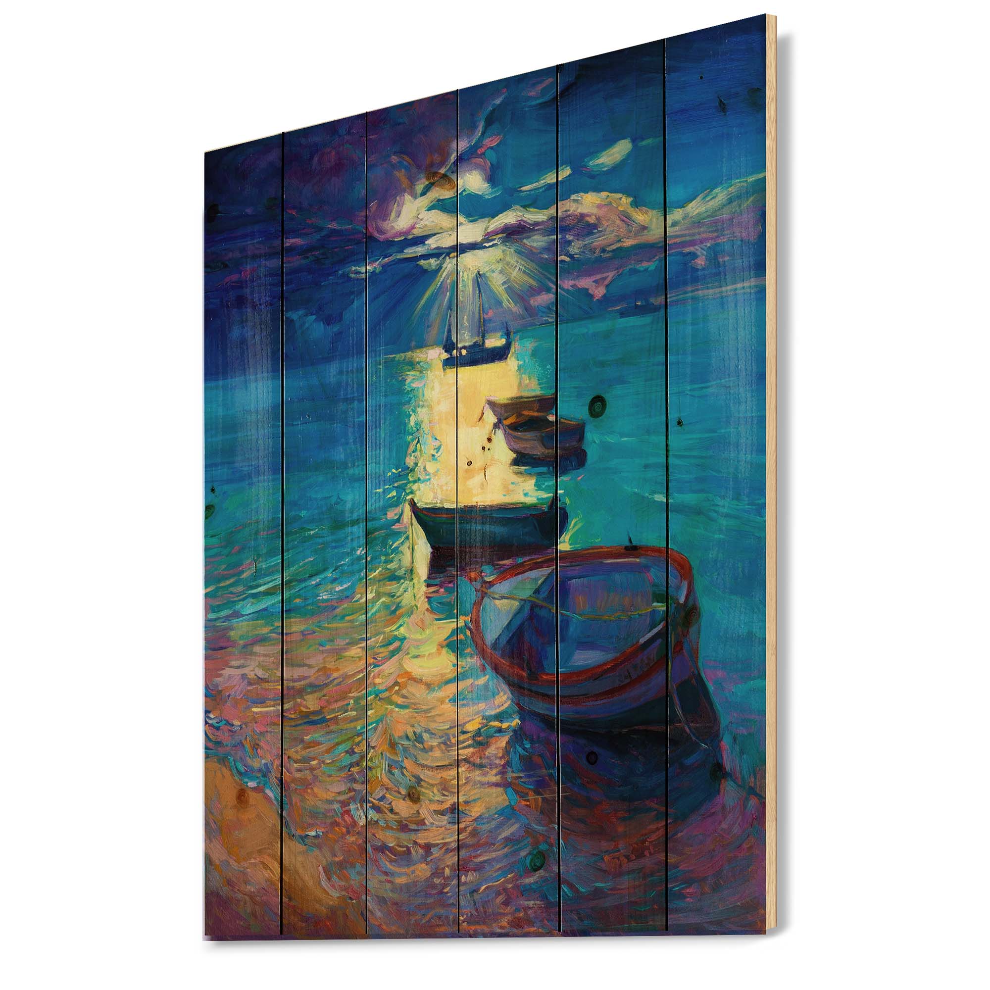 Designart 'Fishing Boats On The Water With Dark Blue Sky Illustration' Lake House Print on Natural Pine Wood