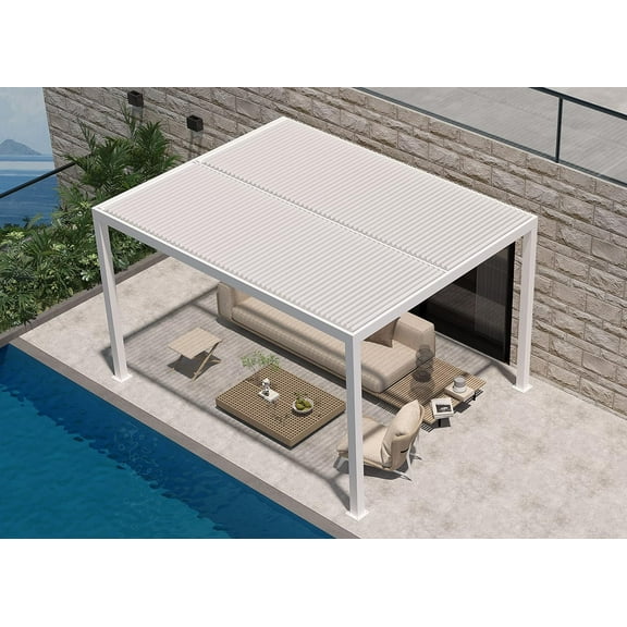 PURPLE LEAF Outdoor Louvered Pergola 10'x14' Aluminum Gazebo Modern White Patio Metal Pergola with Adjustable Rainproof Hardtop for Garden Lawns Yard