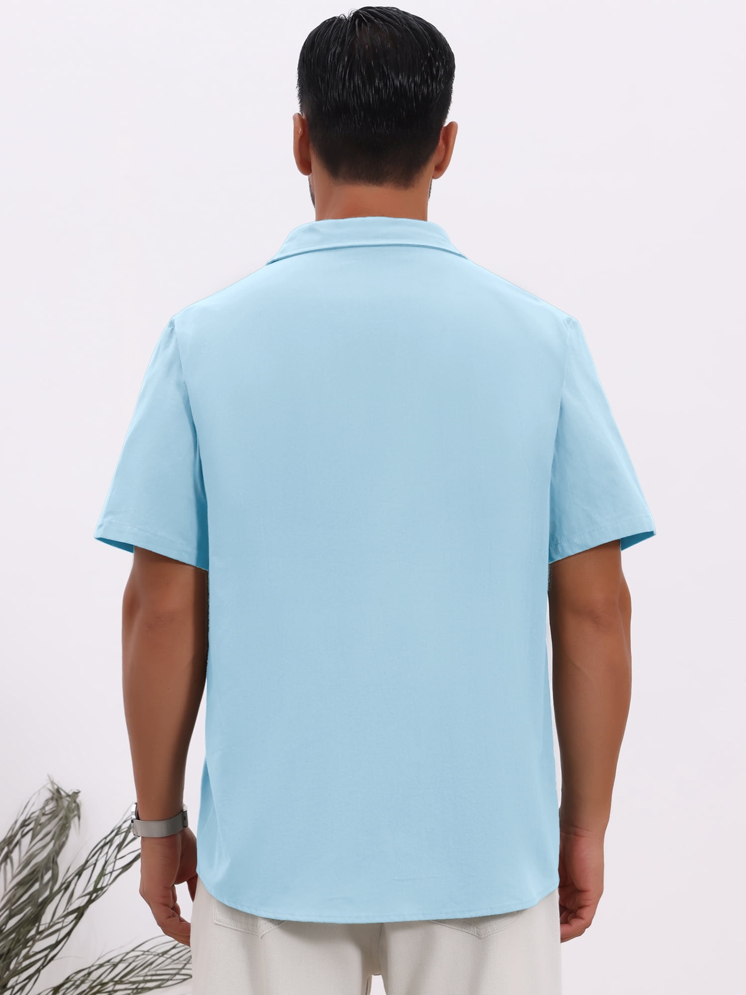 DARING DIVA Men's Linen Chest Pockets Short Sleeves Button Down  Shirt L Sky Blue