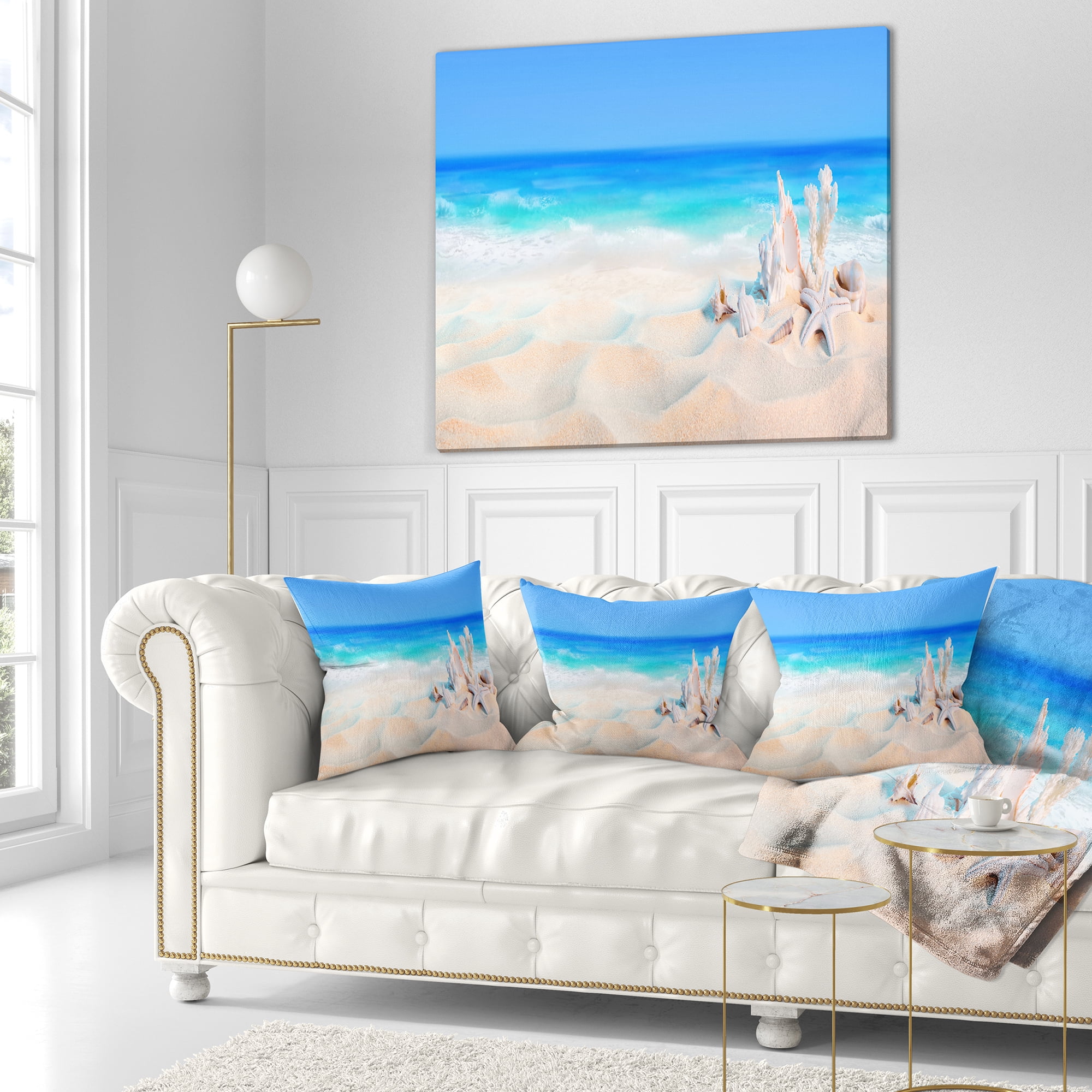 Designart Seashells on Seashore - Beach Photography Throw Pillow - 16x16