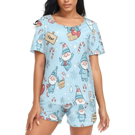 joogoo Women's Pajama Set Christmas Gnome Collections Short Sleepwear Loungewear with Pockets M