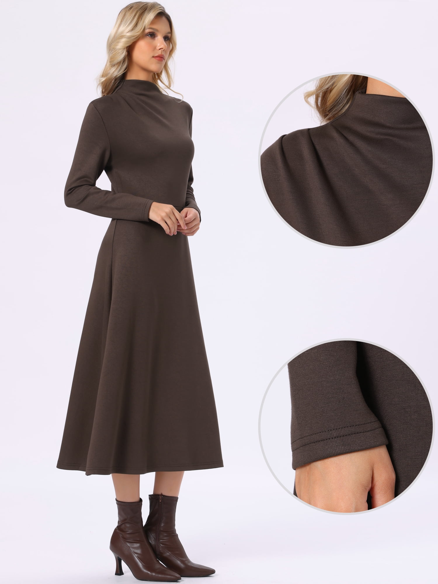 DARING DIVA Women's Fall Ribbed Knit Dresses Neck Long Sleeve Maxi Dress M Coffee
