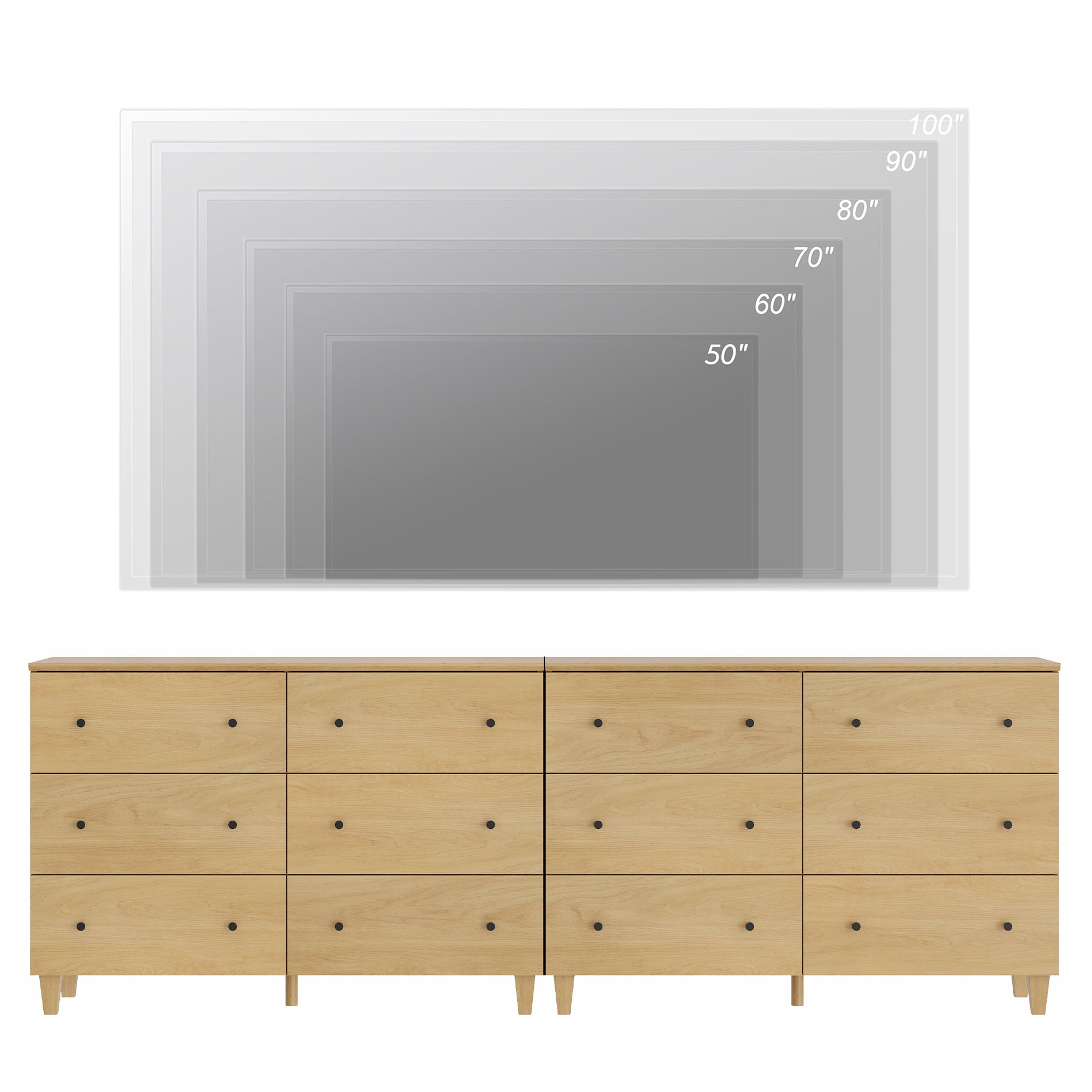 WAMPAT TV Stand Cabinets for 100+ Inches TVs, 2-in-1 Modern Wooden Media Console with 12 Spacious Drawers for Living Room, Oak