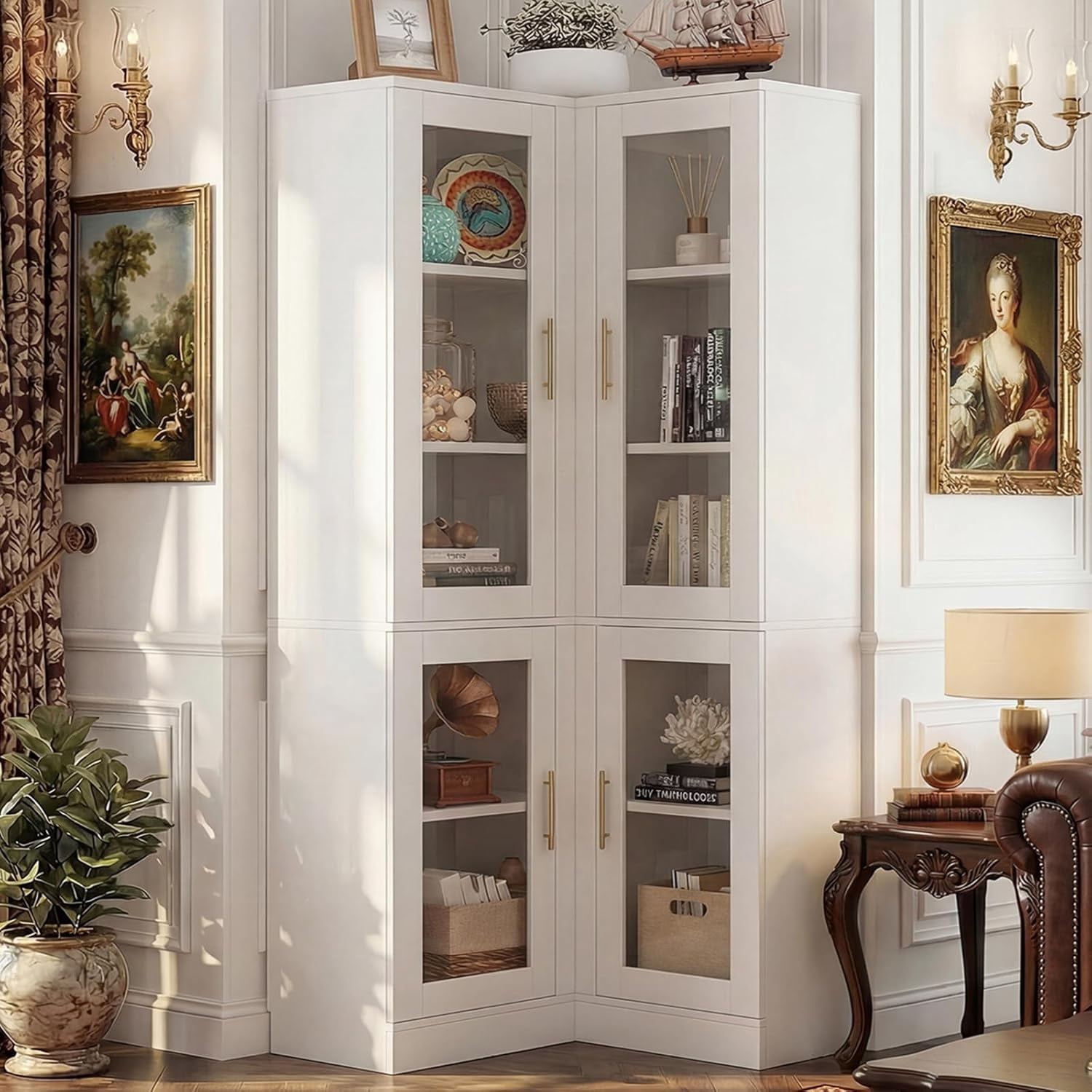 Homieasy 70'' Tall Corner Pantry Cabinet, L Shaped Kitchen Hutch Cabinet with LED Lights, Glass Doors & Adjustable Shelves, Storage Cabinet for Dining, Kitchen, Closet, White