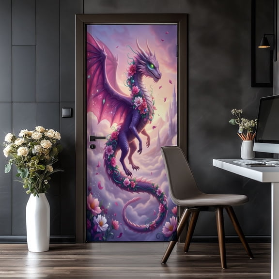 Door Stickers Peel and Stick Door Mural Majestic Floral Dragon Vibrant Wings Enchanting Removable Wallpaper 30.3''x78.7'' Self-Adhesive Mural for Kitchen Living Room Bedroom Decor