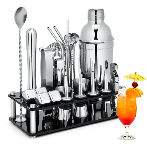 Juego de coctelera, kit de barman de acero inoxidable de 23 piezas con soporte de acrílico y folleto de recetas de cócteles, herramientas de barra profesionales para mezclar bebidas