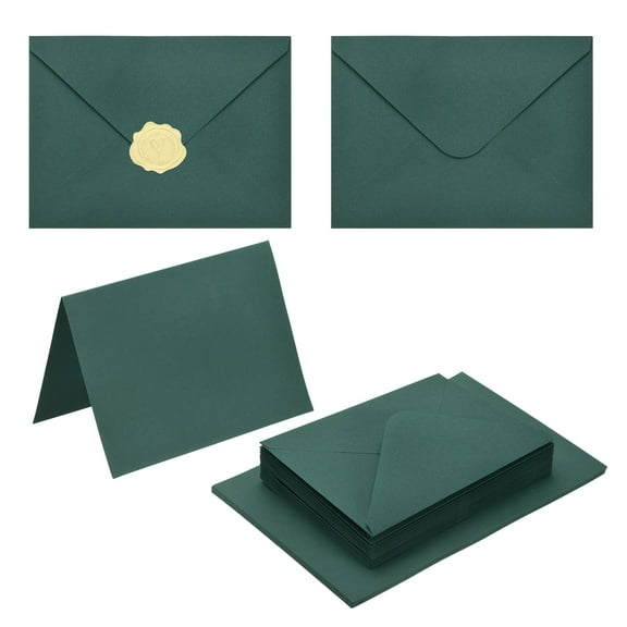Uxcell 50 Pack Dark Green 5x7 Envelopes with Cards, V Flap A7 Envelopes with Gold Stickers for Greeting Cards and Invitations