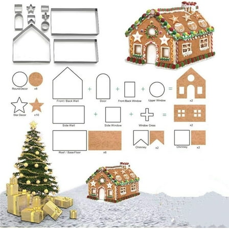 Gingerbread House Cookie Cutter Set,3D Christmas Gingerbread Cookie Cutter for Kids Adults DIY Tool Holiday Cookie Cutters Mold,Stainless Steel,10 Pcs