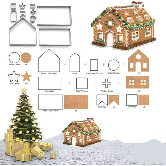 Gingerbread House Cookie Cutter Set,3D Christmas Gingerbread Cookie Cutter for Kids Adults DIY Tool Holiday Cookie Cutters Mold,Stainless Steel,10 Pcs