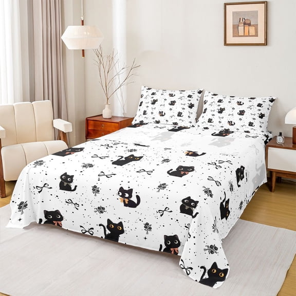 jejeloiu Black Cat Ribbon Bow Full Size Sheets Kids,White Floral Print Bed Sheets,4pcs
