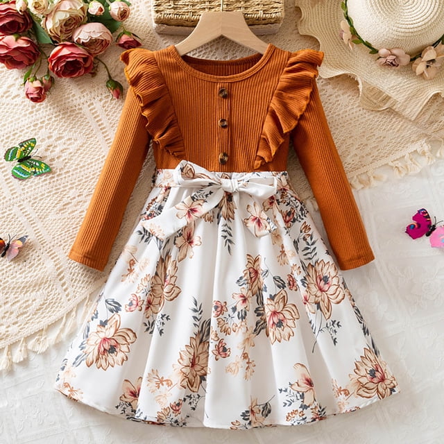 Cowsor Little Girl Ruffle Fall Winter Long Sleeve Dress Printed Party Holiday Clothes