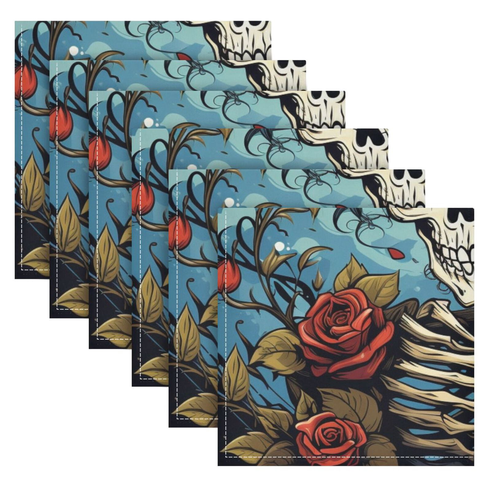 JSTEL Skull Rose Flowers Cloth Napkins Set of 6, 20x20 Inch Washable and Reusable Napkin for Decoupage Dinner Party Everyday Use