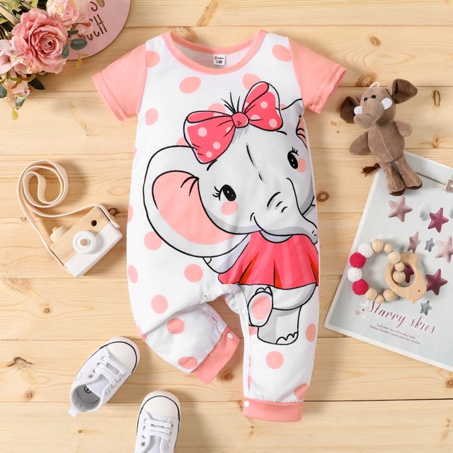 PatPat Cartoon Elephant Short-sleeve Jumpsuit for Baby Girl/Boy