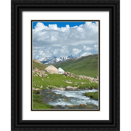 Zwick, Martin 19x24 Black Ornate Wood Framed with Double Matting Museum Art Print Titled - Landscape with Yurt at the Otmok mountain pass in the Tien Shan or heavenly mountains-Kyrgyzstan