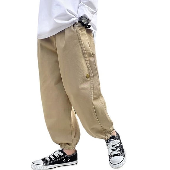 LYMAYTER Toddler Casual Cargo Pants Boys Solid Color Comfort Elastic Waist Pants with Pockets Soft Daily Wear 4-13Y