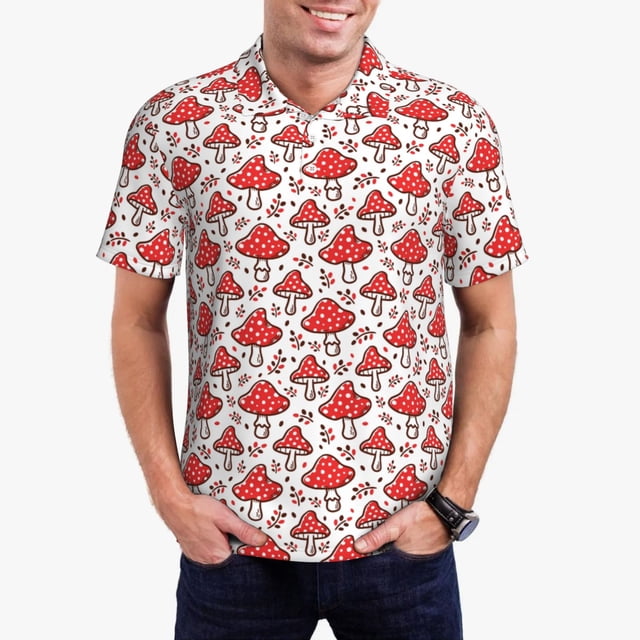 Fotbe Amanita Red Mushroom Camiseta Polo de Golf para Hombre con Estampado – Camisa Deportiva Transpirable con Cuello Abotonado-Large