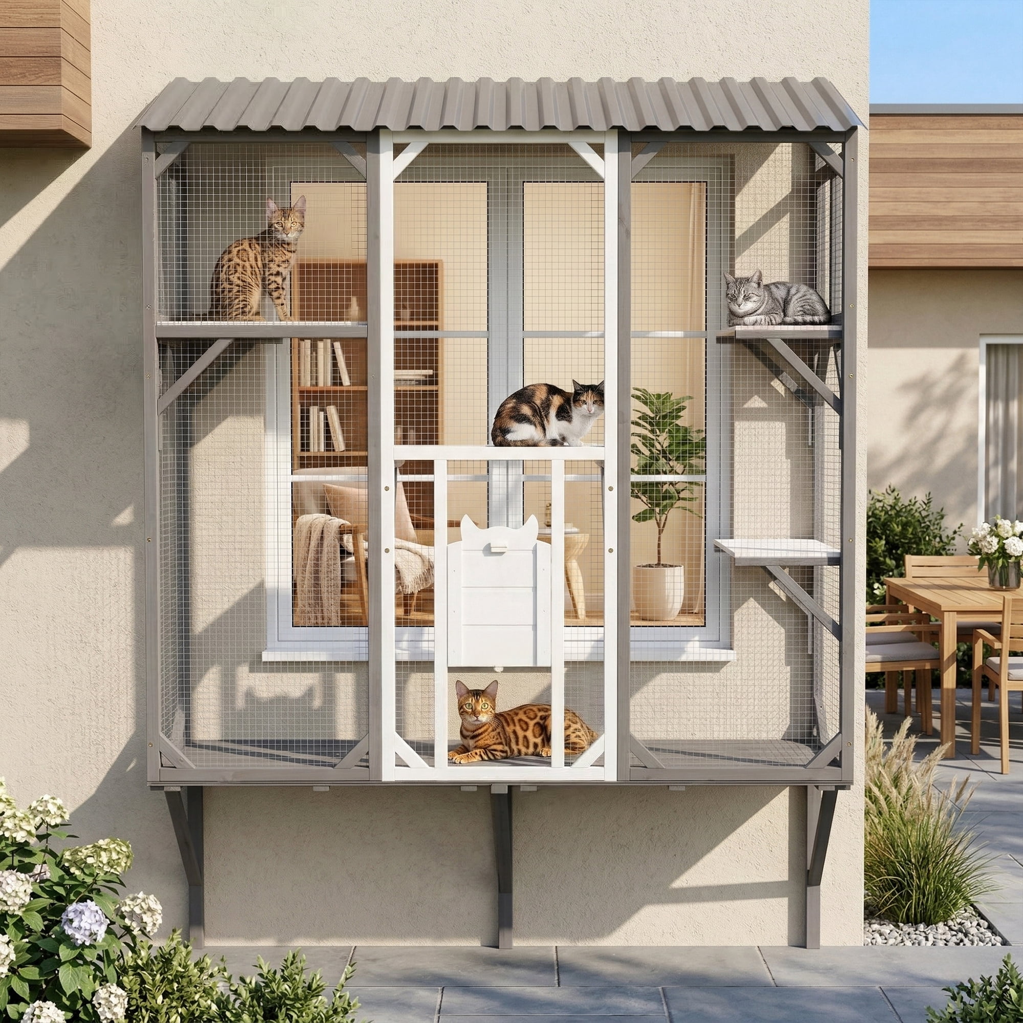 Outdoor Cat Catio Cat Climbing Catio Window Cat House Cat Patio Enclosure with Platforms for 1-3 Cats, Grey+White