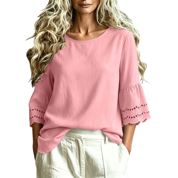 hoksml Women's Cotton Linen Round Neck 3/4 Bell Sleeve Blouse with Eyelet Trim, Loose Fit Casual Summer Daily Wear Top