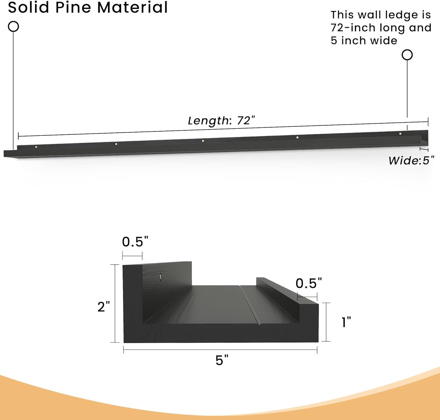 Long Floating Shelves for Wall, 72 inch Solid Wood Picture Ledge Shelf, Picture Shelf for Wall with Ledge, Floating Book Shelves for Living Room Bedroom Kitchen Nursery Decor, Black, Set of 2