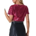 thumbnail image 3 of INSPIRAR CHIC Blusa de Mujer con Lentejuelas Brillantes de Manga Corta Cortada Cuello Redondo con Flecos para Fiesta de Cóctel Top Brillante XL Rosa Oscuro, 3 of 6