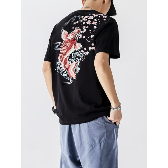 Niepce Inc Japanese Streetwear Red Fish Graphic Embroidery T-shirts (Men's)
