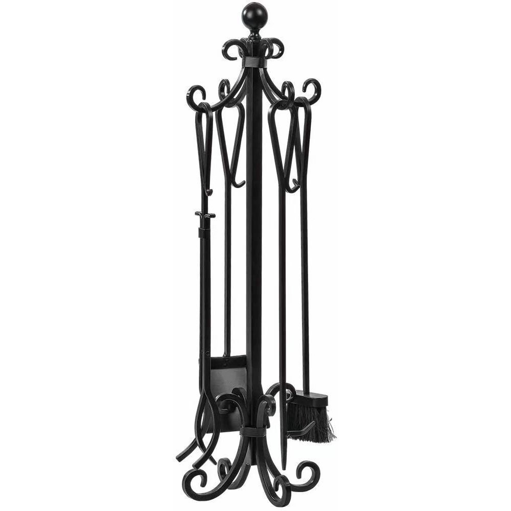 5 Pieces Scroll Fireplace Tools Set Black Cast Iron Toolset with Log