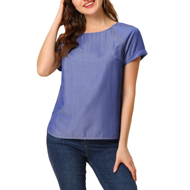 BLUSA CHAMBRAY DE MANGA CORTA Y CUELLO REDONDO PARA MUJERES INSPIRAR CHIC CON ABERTURAS LATERALES TAMAÑO S AZUL OSCURO
