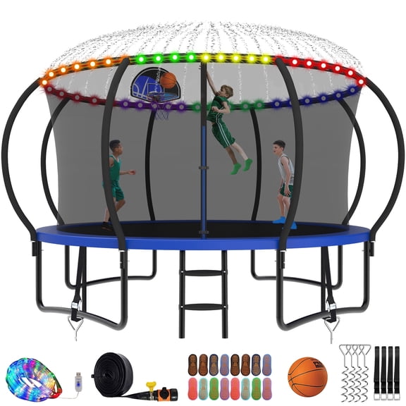 XMIKA 12FT Trampoline with Enclosure, Basketball Hoop, LED Light, Sprinkler, Socks, Wind Stakes, Outdoor Heavy Duty Galvanized Full Spray Round Trampoline for Adults and Kids, Blue