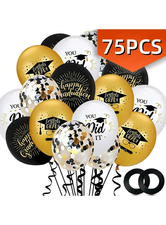 Graduation Party Decorations Balloons 12 Inch Black Gold Graduation Balloons with Balloon Ribbons for Graduation Party Favors Supplies 75 Pack