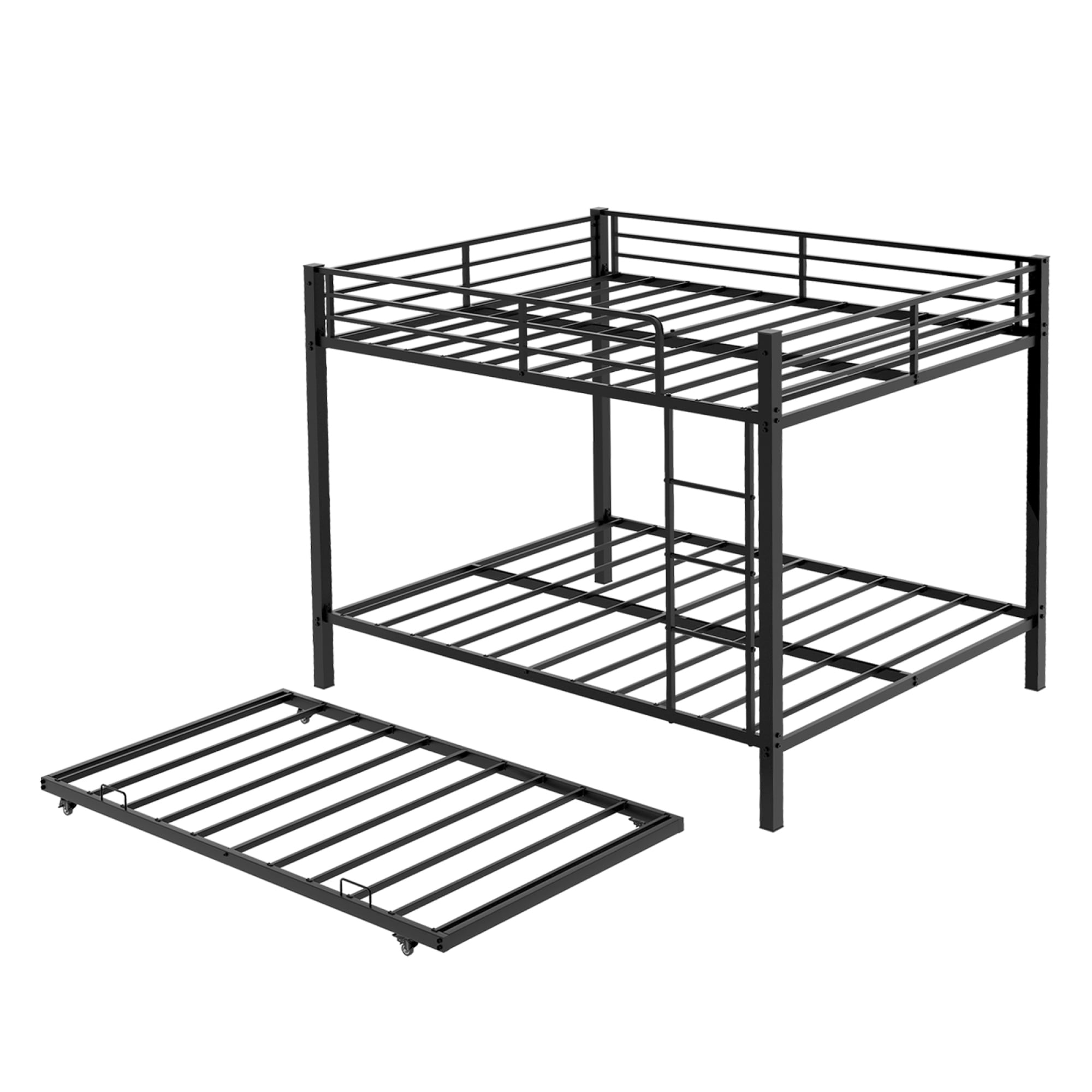 Full over Full Size Bunk Bed with Trundle, Heavy-Duty Metal Bunk Bedframe with Ladder and Full-Length Guardrails for Kids Teens Adults, No Box Spring Needed