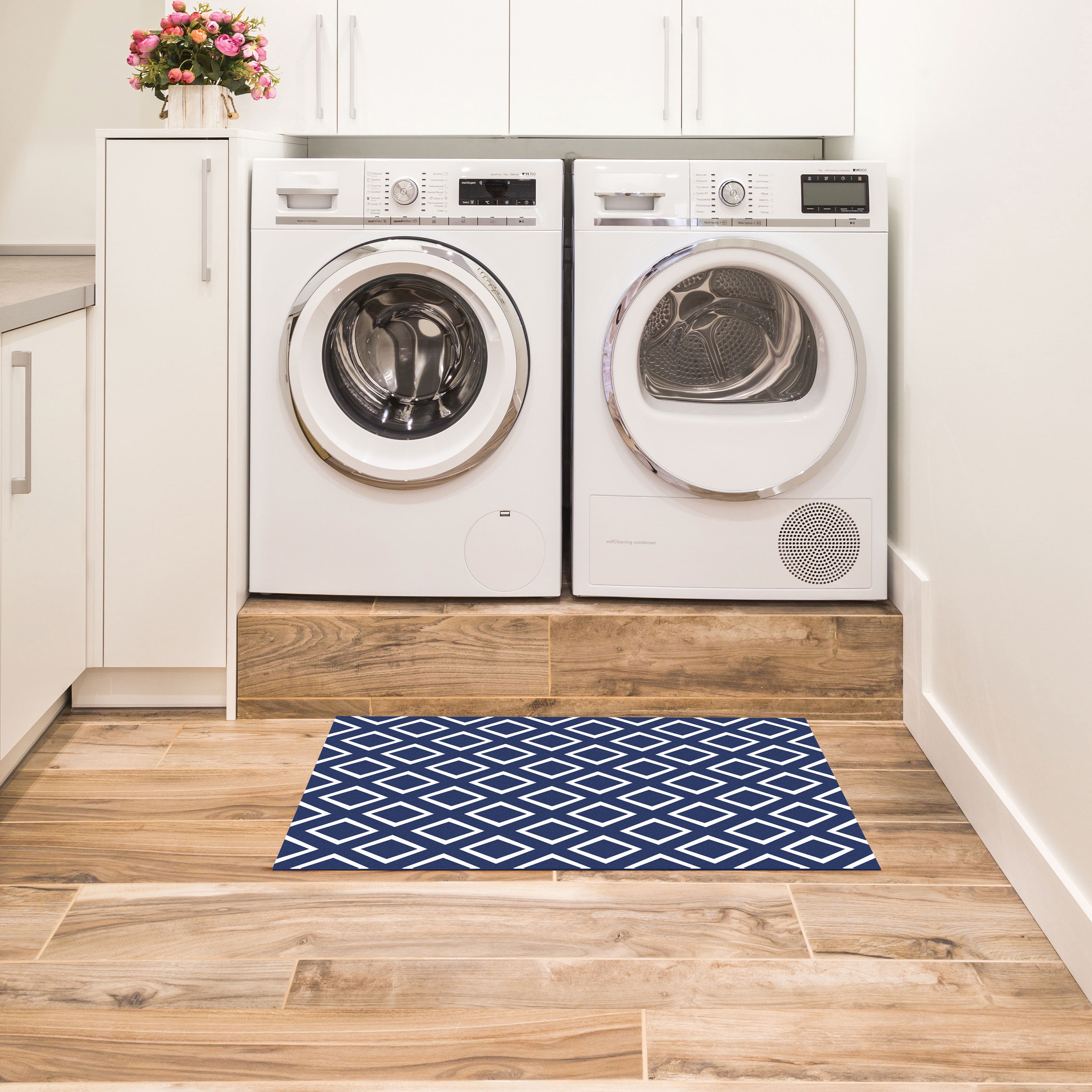 Foss Floors Blue/White Patterned Area Rug, 5’ x 7’, Waterproof, Kid Proof, Pet Proof (3 Count)