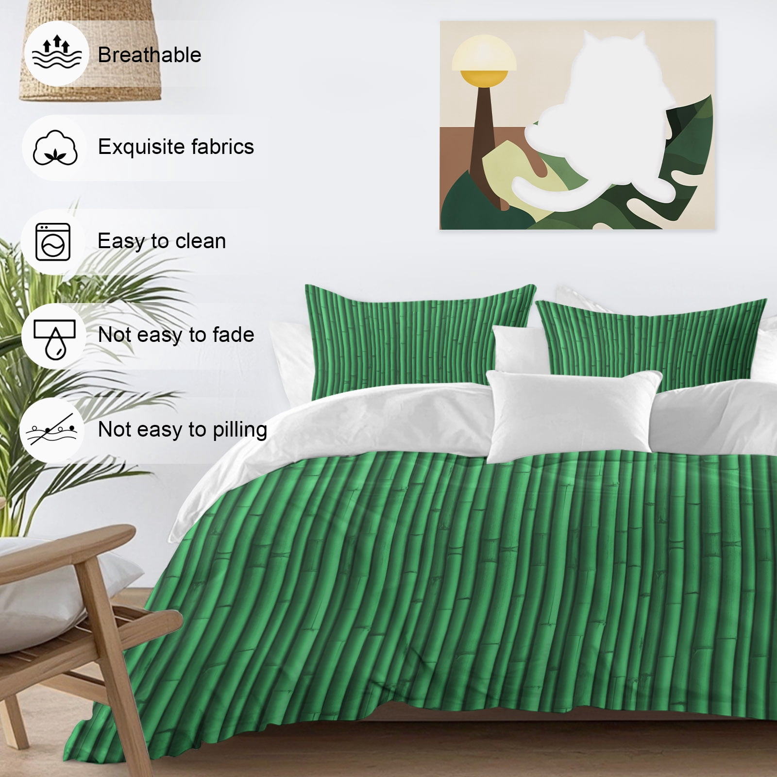 Green Bamboos Queen Duvet Cover Set, Natural Vintage Bamboos Tree Plant Image 4 Piece Microfiber Bedding Set with Zipper Closure, Bed Sheet and 2 Pillow Shams, Soft Bedding Cover