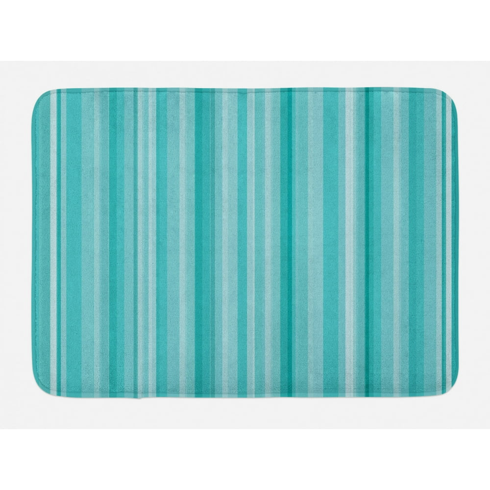 Aqua Bath Mat, Abstract Ocean Inspired Palette Lines Geometrical Image