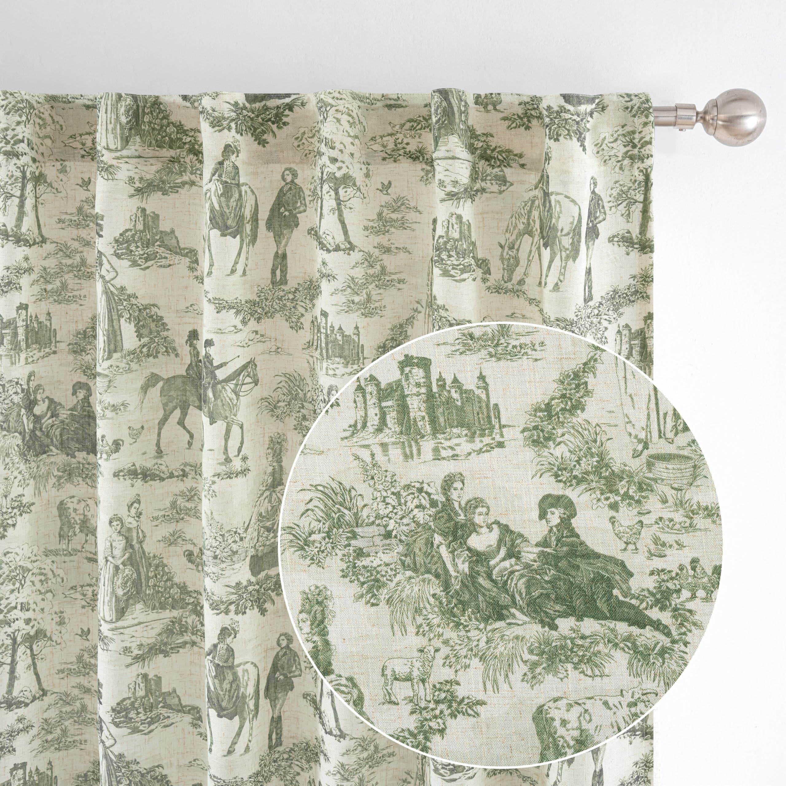 DriftAway 100% Blackout Toile Linen Curtains for Bedroom Double Layer Farmhouse French Country Vintage Printed Pattern Thermal Sound Lined Back Tab Drapes 96 inch Long 2 Panels Loden Green