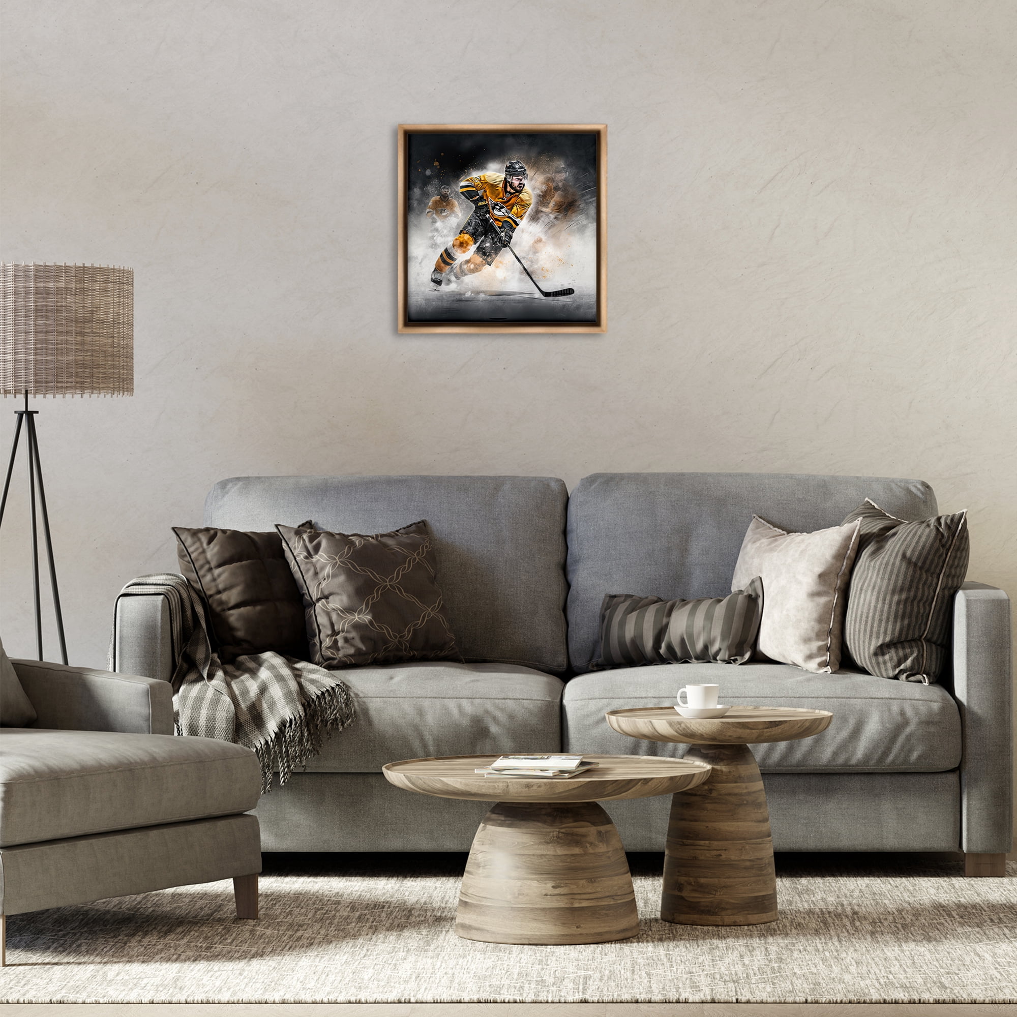 Stupell Industries Hockey Player Athlete People Painting Brown Floater Framed Canvas Art Print Wall Art, 18 x 18