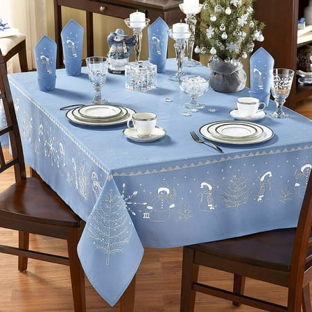 Printed Cross Stitch Tablecloth - Nob Hill White Snowmen on Blue Tablecloth Ensemble Stamped Cross-Stitch