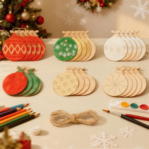 Feltree Unfinished Wooden Christmas Ball Ornaments DIY Paintable Craft Set of 30 with Rope for Holiday Decorations