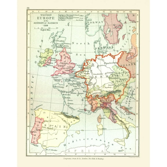 Historic Map - Europe Western 1558 - Gardiner 1902 - 23 x 28.91 - Vintage Wall Art